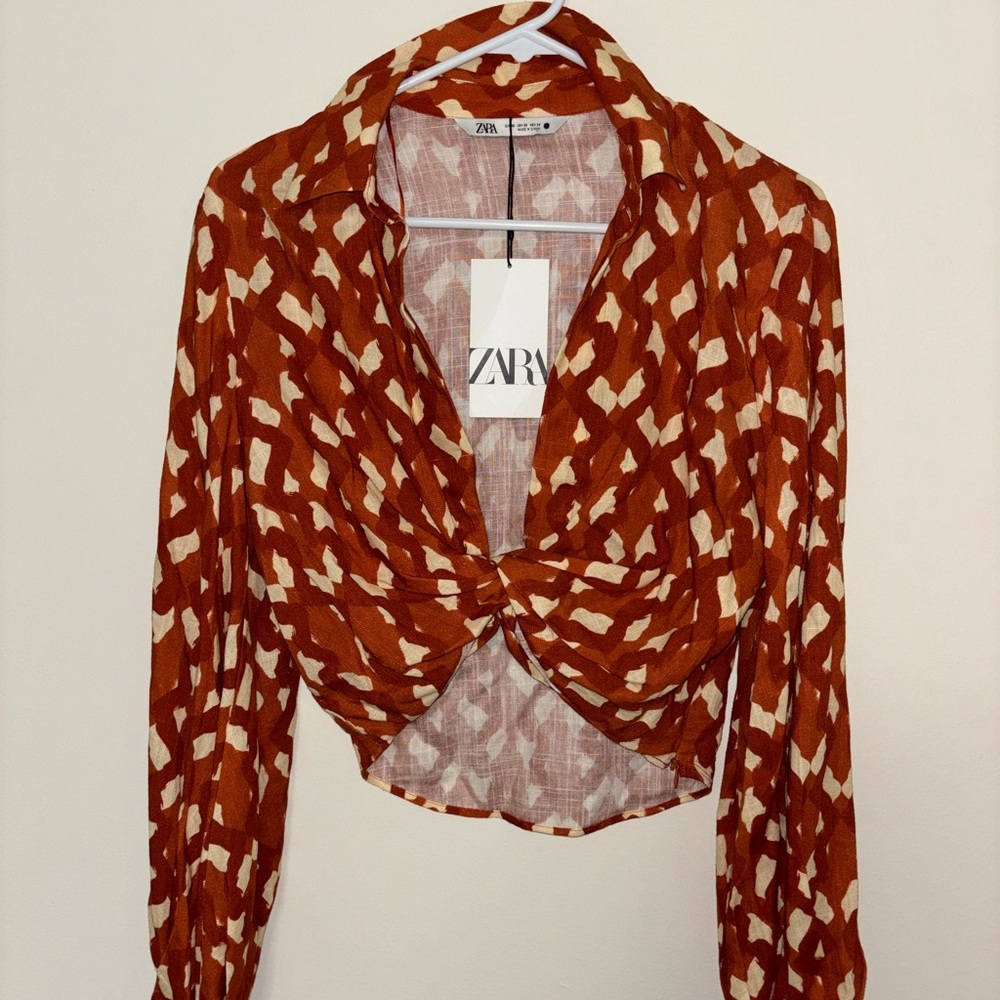 Zara Brown Long Sleeve Crop Blouse with Tie Front